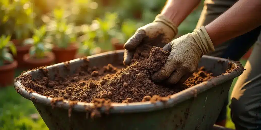 A close-up of nutrient-rich soil being prepared for cannabis cultivation in pots, ideal for outdoor growing.
