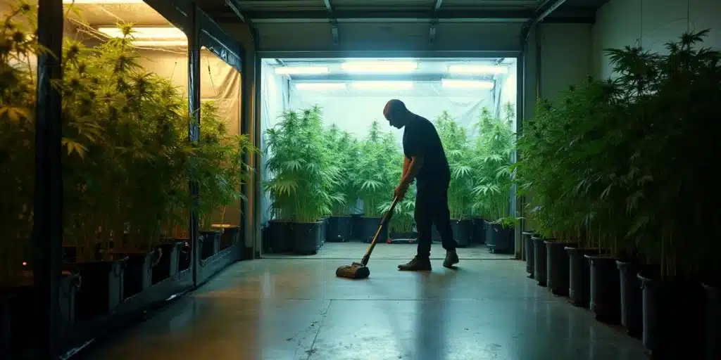 A man sweeping the floor of a grow tent to maintain cleanliness