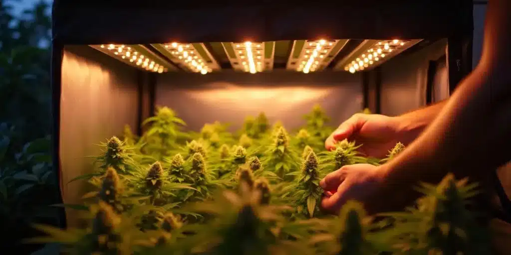 Hands inspecting cannabis plants under LED grow lights in a clean tent.