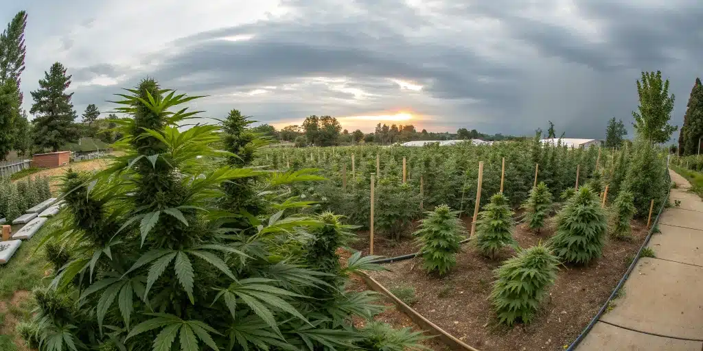 Outdoor garden featuring thriving cannabis clones in ideal conditions, illustrating the best time to put clones outside.