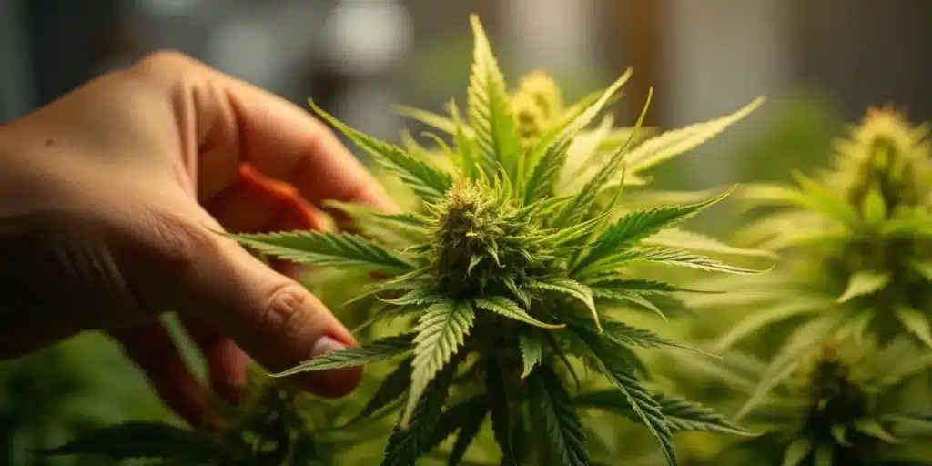 Close-up of a cannabis plant with vibrant green leaves and a budding flower, illustrating successful adaptation from outdoor to indoor conditions.