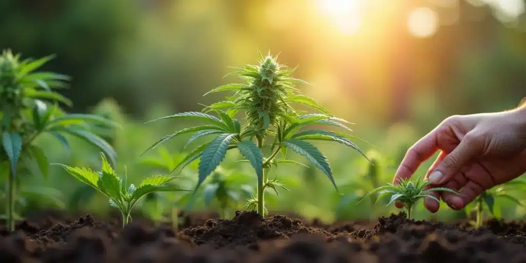 Close-up of a hand checking the soil moisture near a young cannabis plant growing outdoors. Proper watering frequency is crucial for healthy marijuana plants.