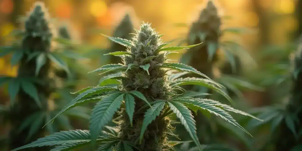Close-up of an outdoor cannabis plant in Michigan showing early flowering buds.