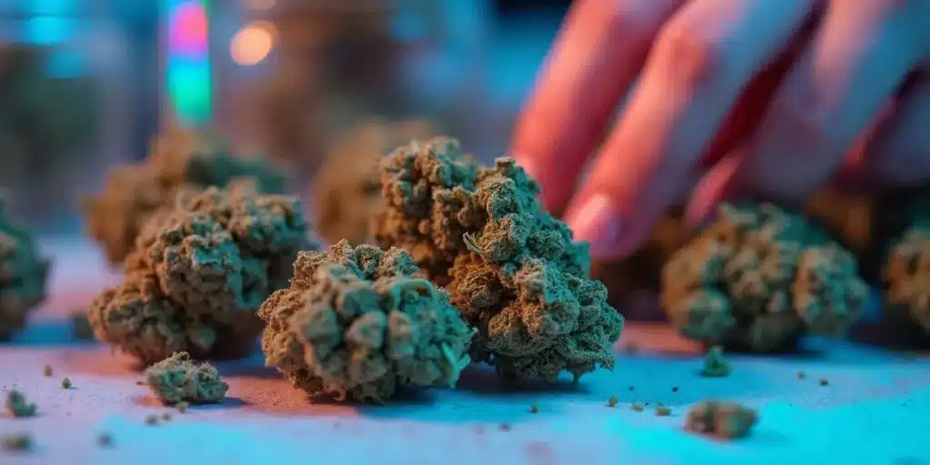Close-up of properly dried cannabis buds being inspected for curing, ensuring optimal texture, aroma, and potency.