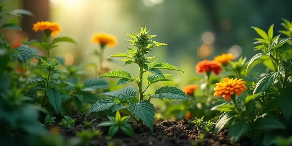 A small cannabis plant growing in a flower pot surrounded by vibrant orange marigolds, with ants visible in the soil. Natural sunlight and blurred background highlight the organic outdoor environment.
