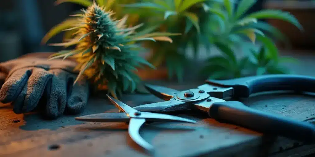 Pruning shears and gloves placed next to a freshly cut cannabis bud, ready for proper trimming.