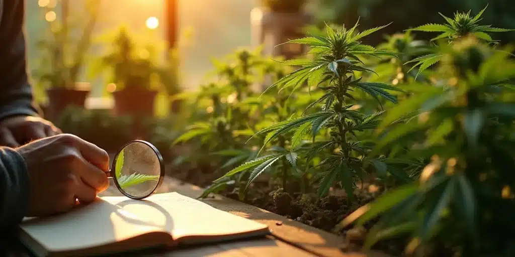 A grower using a magnifying glass to inspect a cannabis plant's leaves in an outdoor garden. The best nutrients for outdoor weed plants stage ensure healthy growth and development.