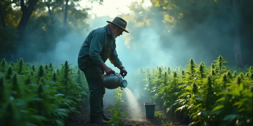 An experienced grower watering a large cannabis field at dawn, ensuring hydration and mold resistance. Choosing the best outdoor mold resistant strains helps prevent fungal issues in humid climates.
