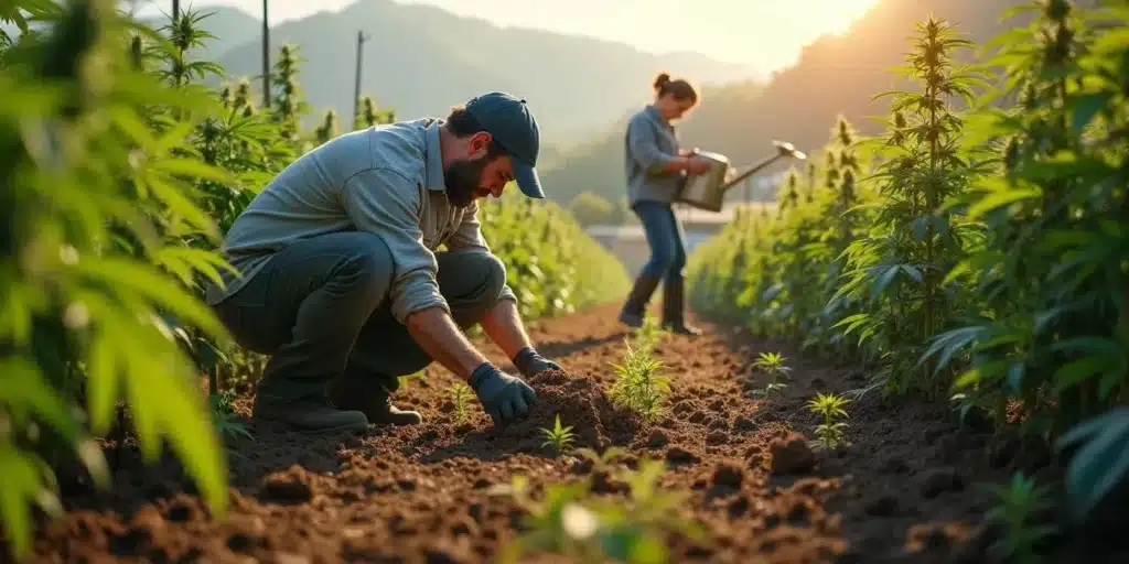 Farmers carefully planting young cannabis seedlings in well-fertilized soil, ensuring strong root growth and high-yield production.