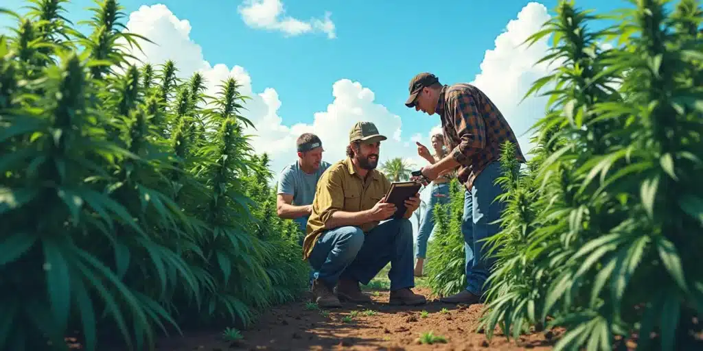 Farmers observing cannabis plants in the early flowering stage outdoors in Michigan.