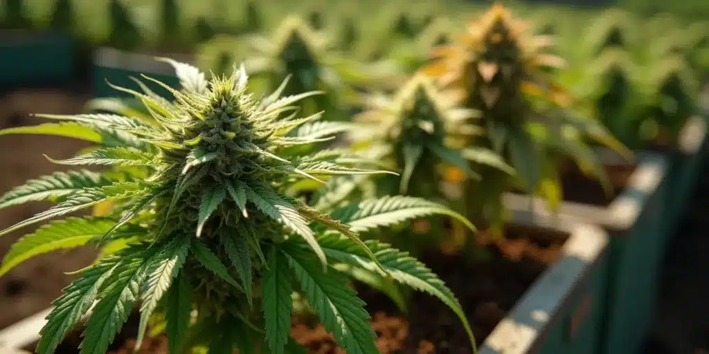 A thriving cannabis plant in a raised bed with nutrient-rich soil, showing the impact of organic fertilizers on healthy bud development.