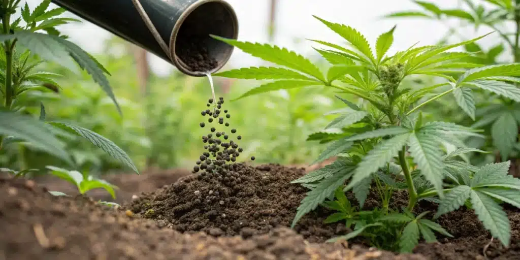 Close-up view highlighting fish fertilizer for cannabis being applied to soil, emphasizing natural nutrient infusion.