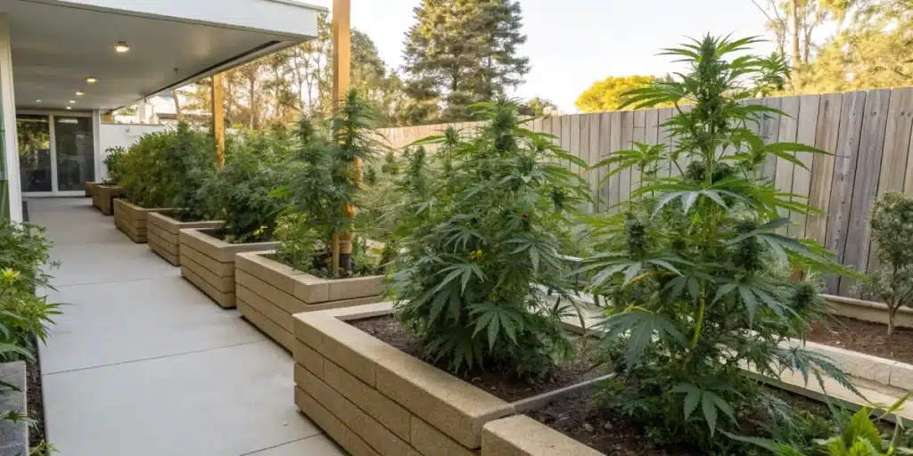 Outdoor garden scene illustrating fish fertilizer for cannabis enhancing plant vitality and natural growth.