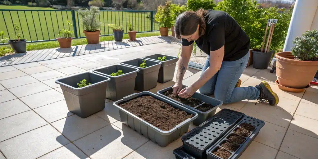 Grower positioning containers for maximum sunlight and drainage, illustrating outdoor container cannabis growing techniques.