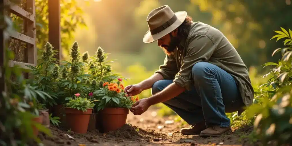 A bearded man in a hat and green shirt tending to outdoor flower pots with cannabis plants and marigolds, where ants are crawling in the soil. Warm sunlight in a natural garden setting.