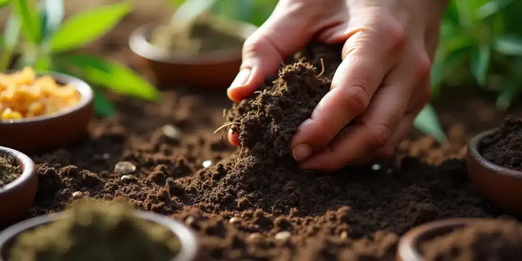 A grower analyzing soil texture and nutrient content with hands, surrounded by organic fertilizers. The best nutrients for outdoor weed plants stage enhance root development and plant vigor.
