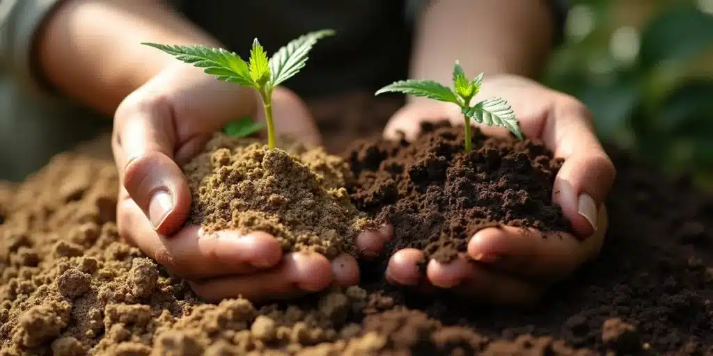 Hands holding two different types of soil with young cannabis seedlings, highlighting the importance of well-draining soil for optimal water retention in outdoor marijuana cultivation.
