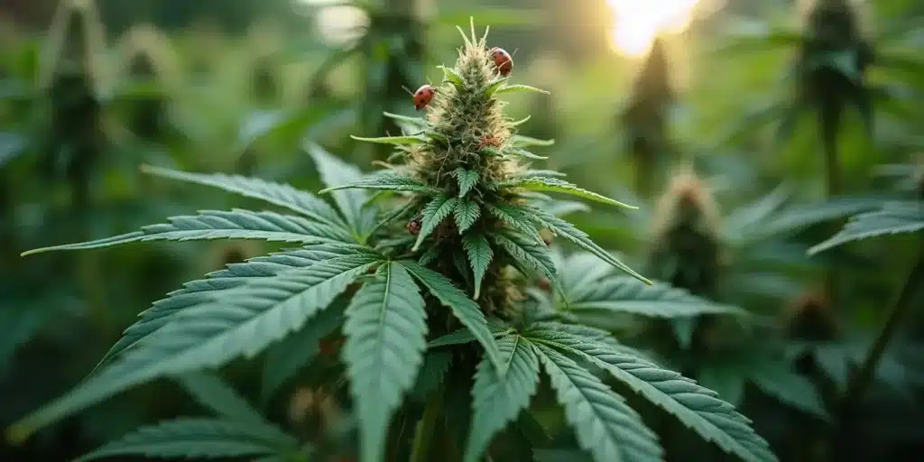Close-up of an outdoor photoperiod cannabis plant with ladybugs, highlighting natural pest management.