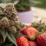 Mature Strawberry Cake Strain CBD bud with resin-coated leaves, surrounded by ripe strawberries, highlighting its sweet and fruity terpene profile