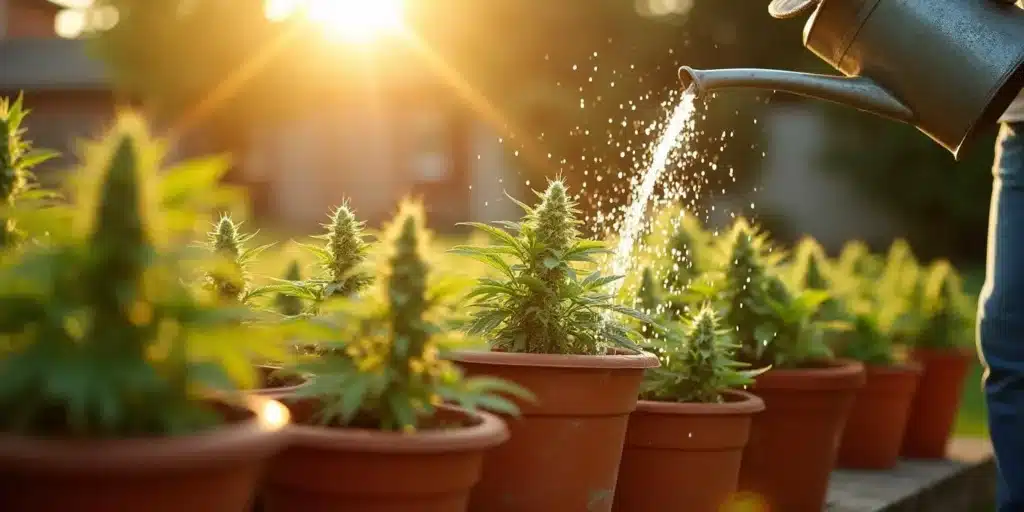 A gardener waters healthy cannabis plants growing in pots outdoors, ensuring proper hydration under natural sunlight.