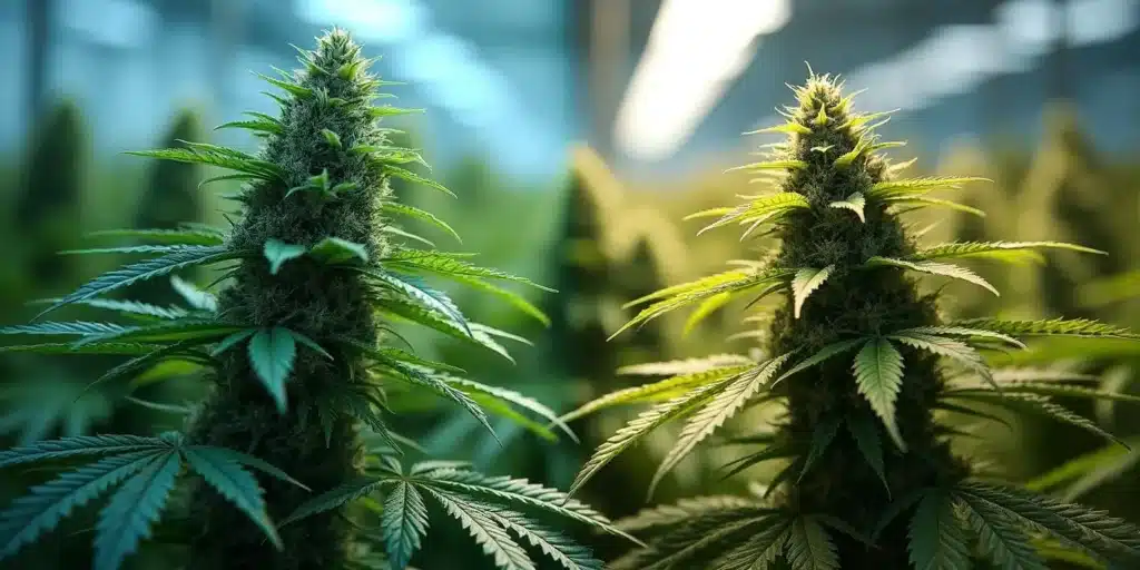 Two cannabis plants in full bloom under controlled indoor lighting. The best fertilizers for flowering enhance bud density, resin production, and overall plant health.