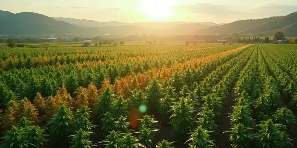 Large-scale cannabis farm using biointensive growing principles with green and flowering plants.