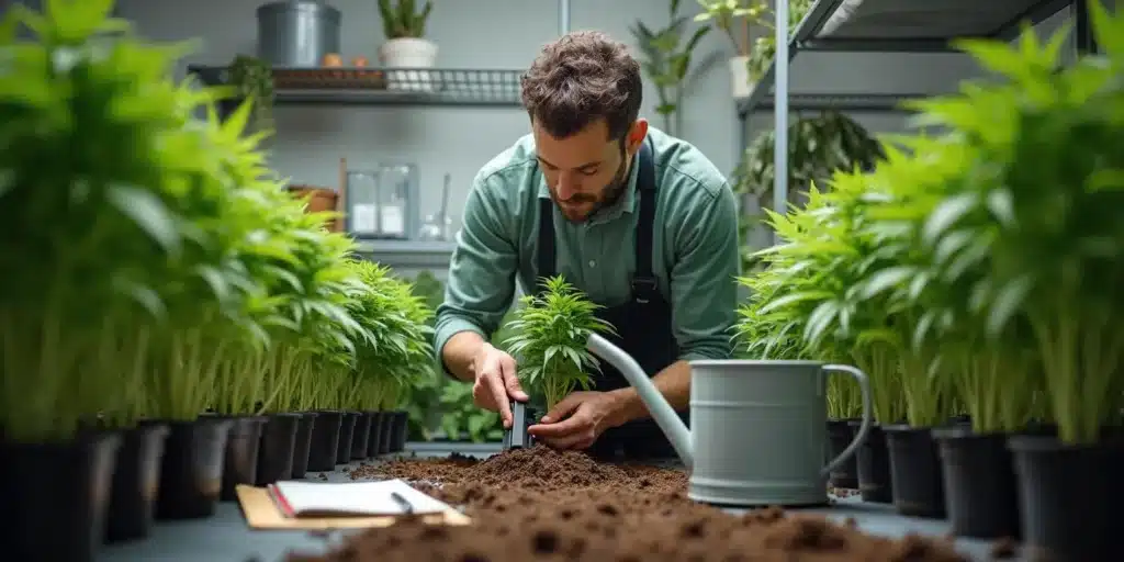A grower carefully transplants a cannabis seedling from an outdoor pot to an indoor setup, ensuring a smooth transition for healthy growth.