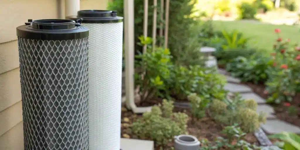 Activated carbon filters in use for odor control for outdoor grow, effectively trapping odors.