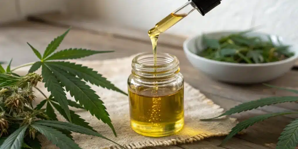 Realistic photo of cannabis oil being collected in a clear container, emphasizing its purity and high quality during the extraction process.