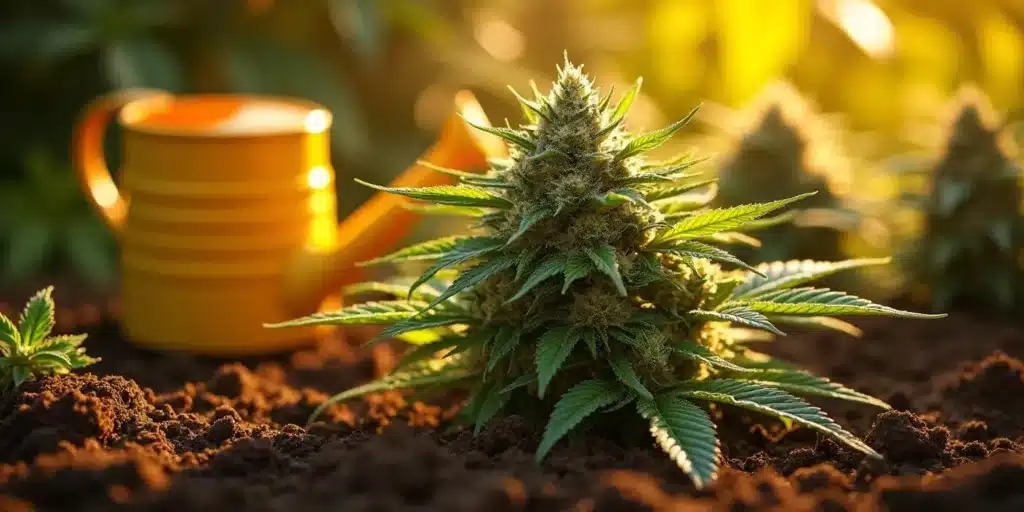 A thriving cannabis plant in the flowering stage with a yellow watering can in the background. The best fertilizers for flowering provide essential phosphorus and potassium for bud growth.
