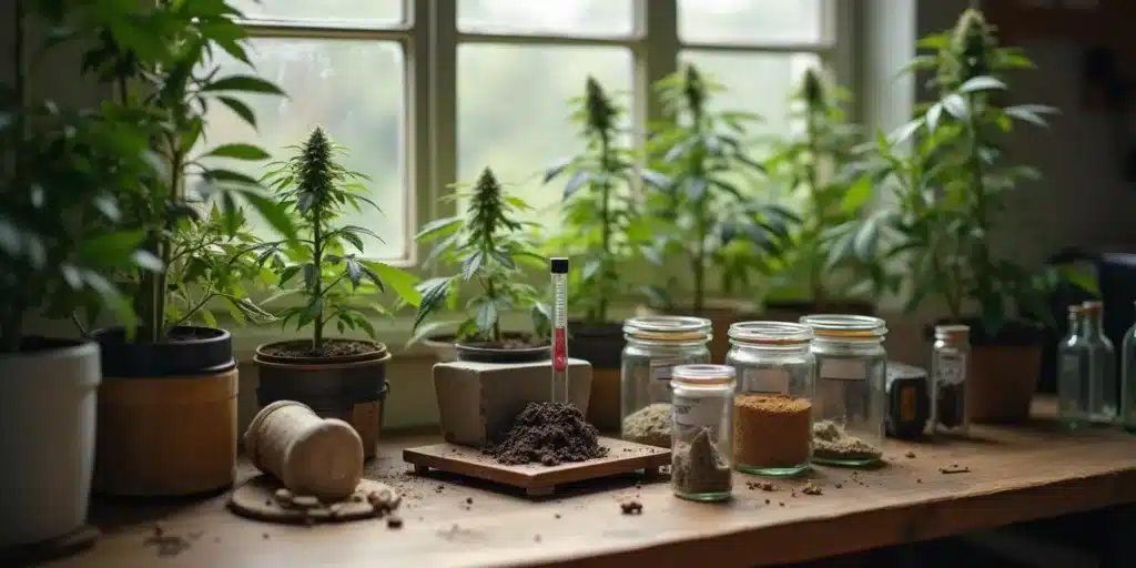 A workspace with potted cannabis plants, organic fertilizers, and soil samples near a window. Choosing the best nutrients for outdoor weed plants stage improves soil quality and plant health.