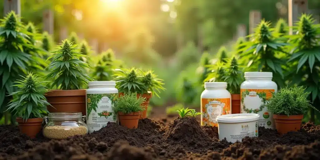 Various organic nutrient products displayed in a cannabis field, including fertilizers and supplements. Choosing the best nutrients for outdoor flowering stage ensures healthy and potent plants.