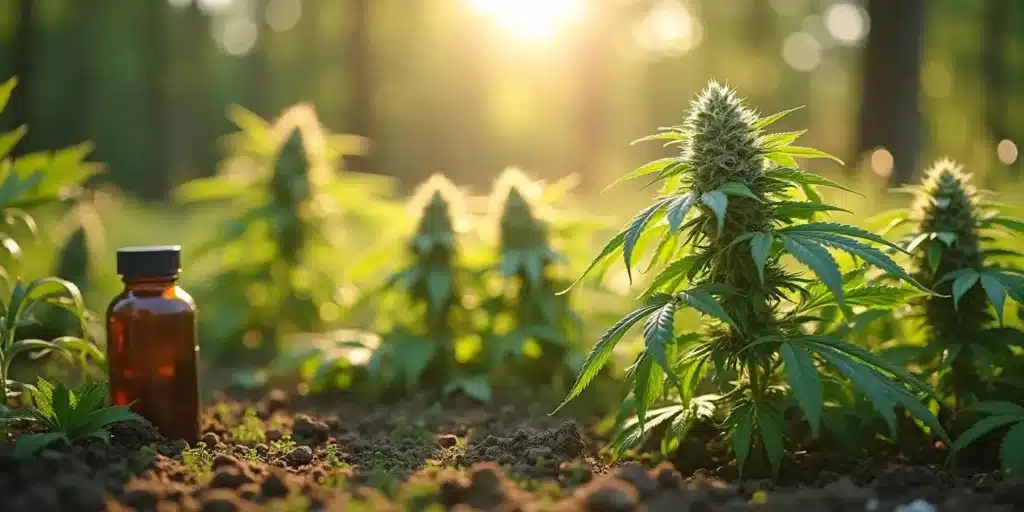 A lush outdoor cannabis garden bathed in golden sunlight with a brown glass bottle of organic nutrients in the foreground, promoting healthy plant growth. The best fertilizer for outdoor grow enhances bud development naturally.