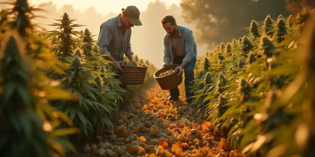 Michigan outdoor cannabis plants entering the flowering stage under warm evening light.