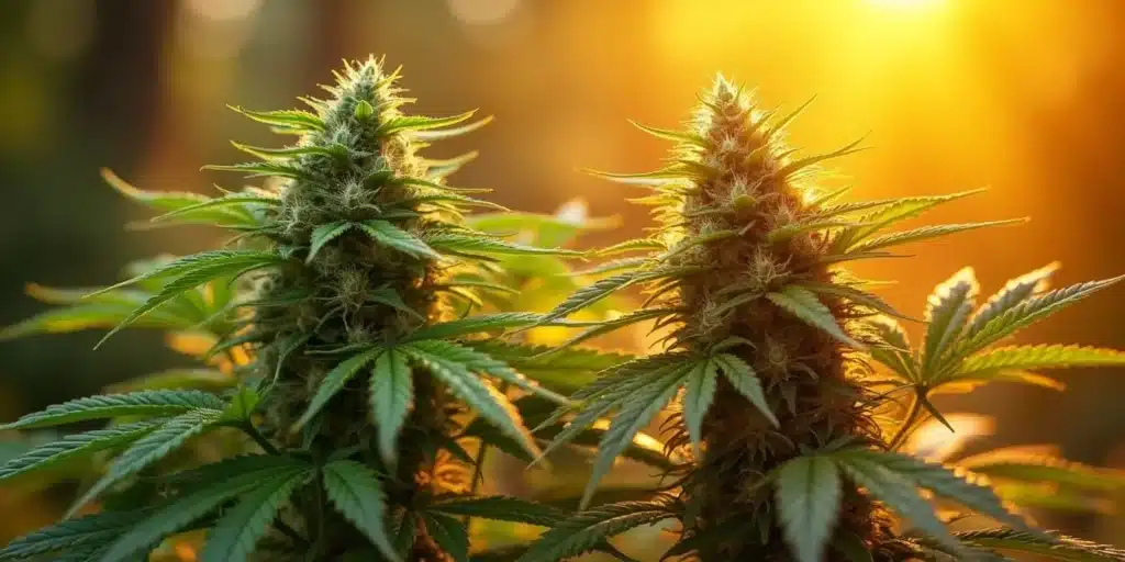 Two healthy cannabis plants in full bloom under natural sunlight, showcasing thick buds. The best nutrients for outdoor flowering stage enhance resin production and overall yield.