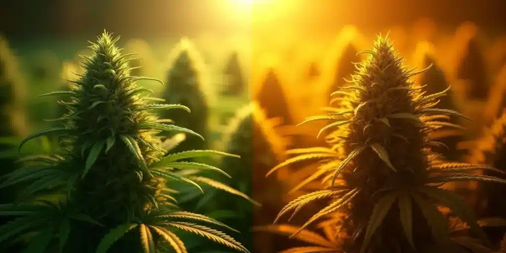 Side-by-side comparison of an early and late-stage outdoor photoperiod cannabis plant, showing growth differences.