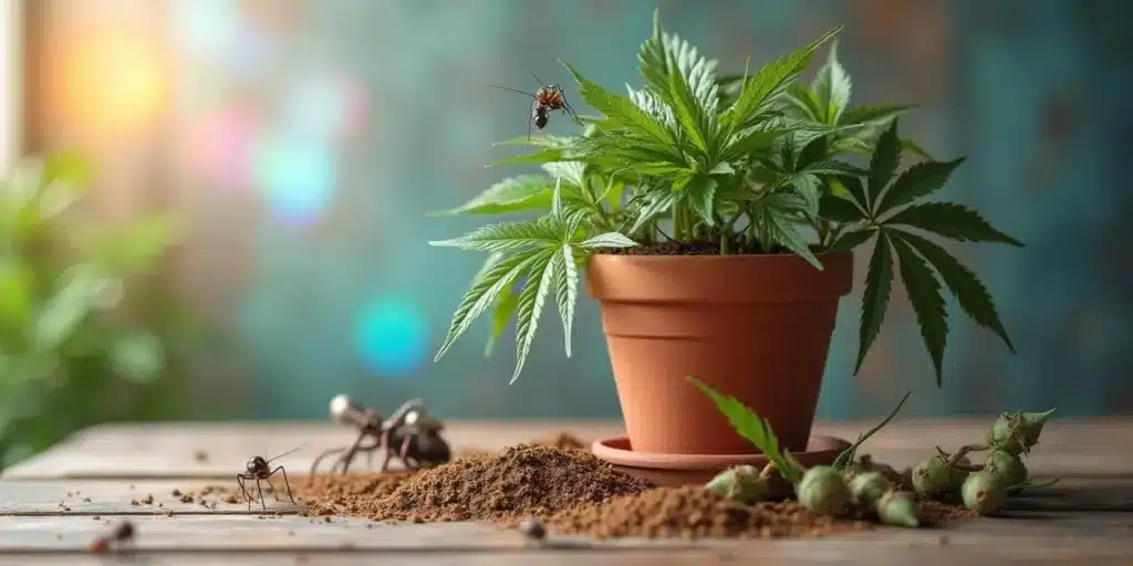 A potted cannabis plant placed on a wooden table, with visible ants crawling on the soil and leaves. A blurred colorful background adds depth to this close-up shot of an infested plant.