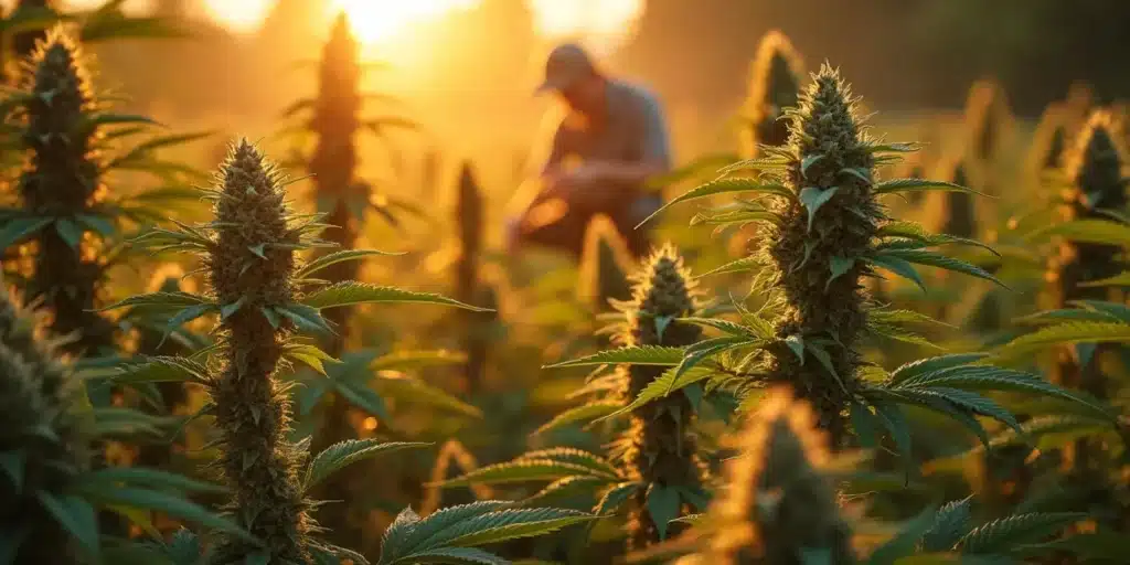 A farmer carefully trims a marijuana plant outdoors at sunset to encourage healthy growth and bud production.