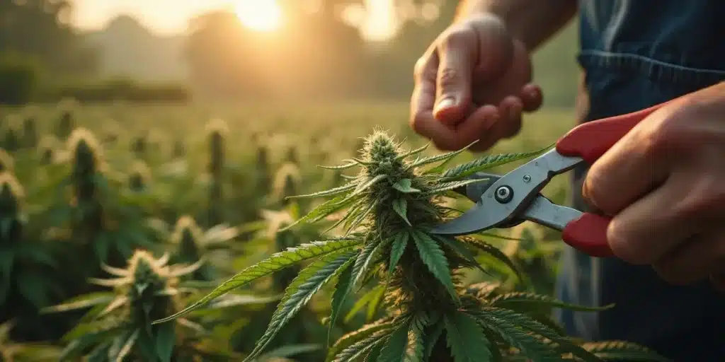 A farmer carefully trimming a photoperiod cannabis plant outdoors, promoting better bud development.