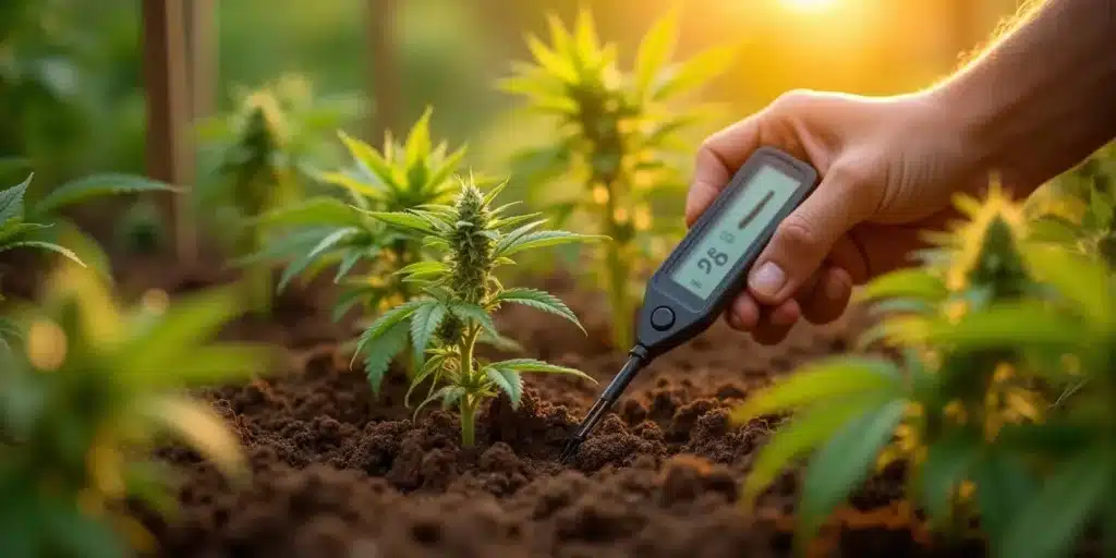 A grower using a digital soil tester in an outdoor cannabis garden to check nutrient levels. The best nutrients for outdoor flowering stage include phosphorus and potassium for bud development.