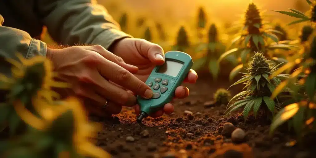 A grower testing soil nutrients in an outdoor cannabis field with a digital meter. The best fertilizers for flowering require balanced soil conditions to maximize plant yields.
