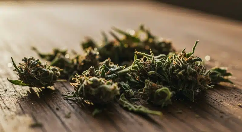 Strawberry Cake Strain CBD cannabis buds with and frosty trichomes.