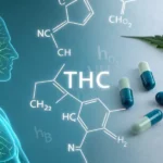Medical illustration: human head with cannabis leaves, THC chemical structure, and pills.