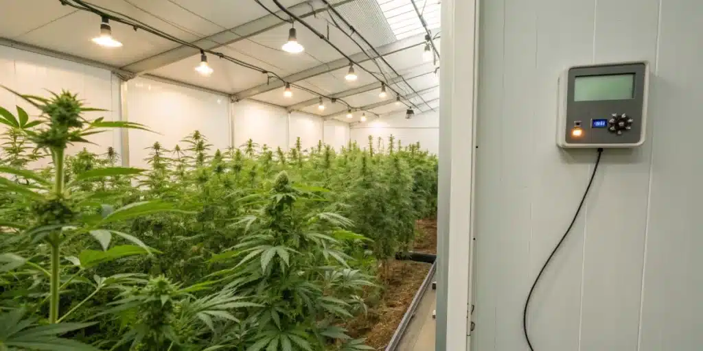 Realistic greenhouse scene with healthy cannabis plants and a digital thermostat displaying optimal temperature settings.