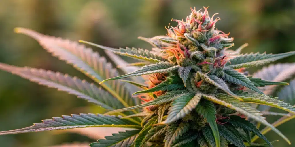 Realistic close-up of a cannabis bud displaying vivid trichomes and color variations that represent different terpenes.