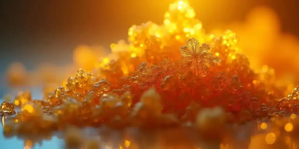 Close-up of golden cannabis resin crystals representing Piatella hash.