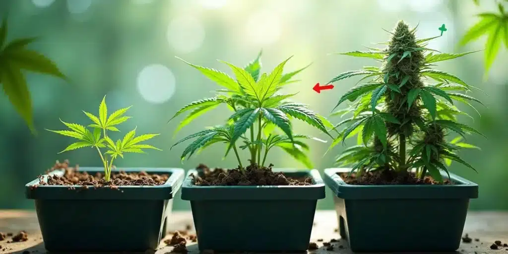 Three cannabis plants at different growth stages in pots, illustrating the importance of proper fertilization for optimal development.