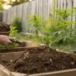 Gloved hands adding soil to a raised wooden planter with cannabis plants in a backyard garden.