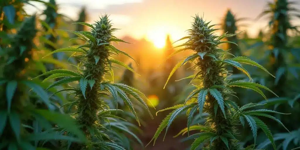 Two cannabis plants in full bloom at an outdoor farm in Ohio during sunset.
