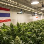 Indoor cannabis grow room in Thailand with LED lighting and lush green plants under the Thai flag.